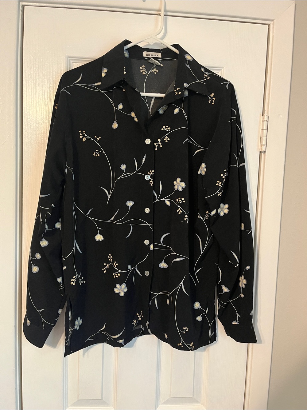 Delicate Floral Button-Front Blouse in Black by Dilmera